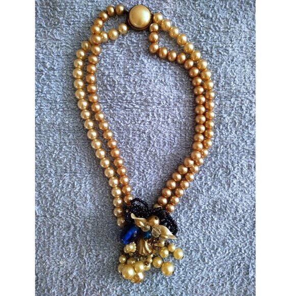 1940s Unsigned Haskell or Robert Faux Pearl Blue Glass Bead 2 Strand Necklace - Picture 1 of 12